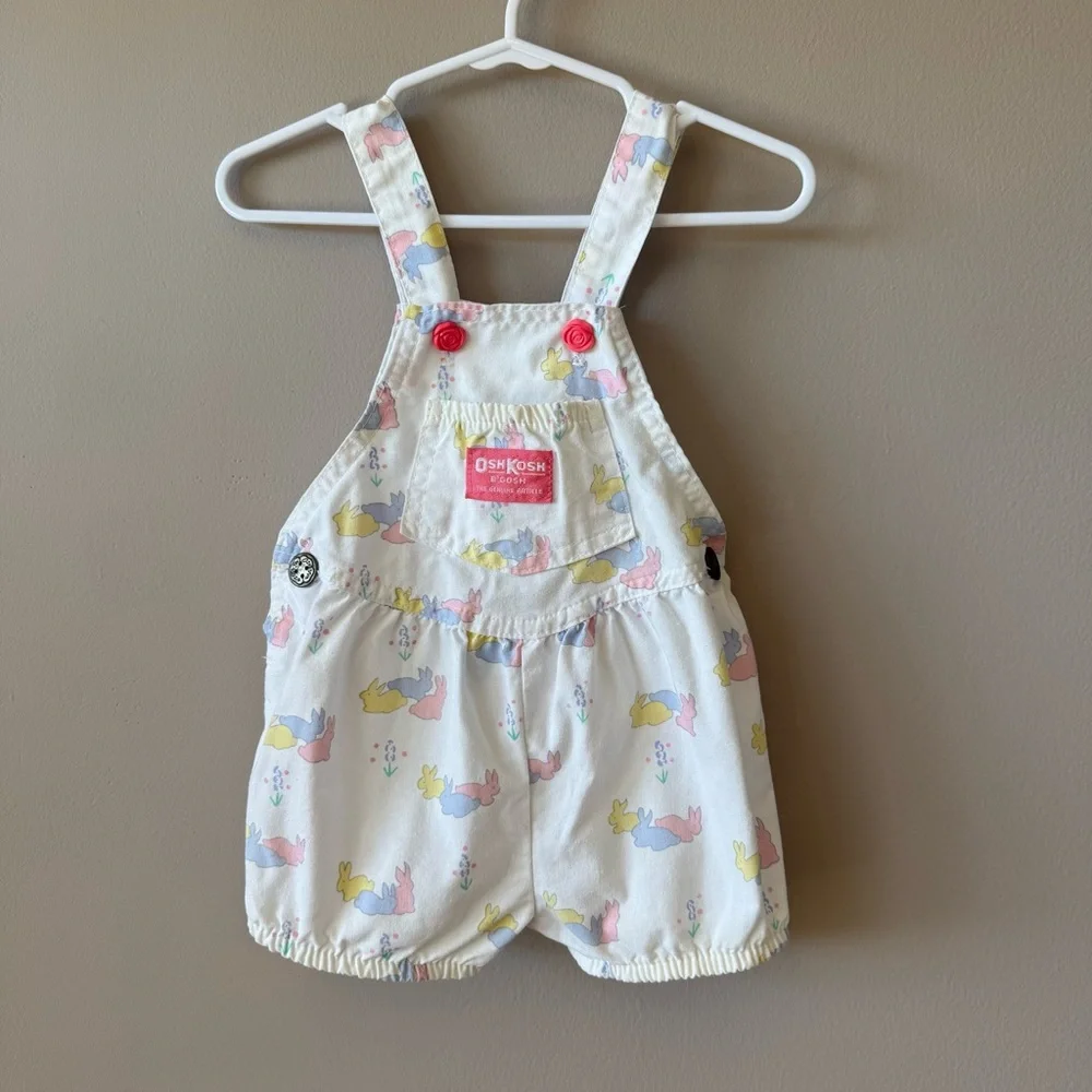 Vintage Osh‎ Kosh B’Gosh Baby Bunny Rabbit Print Short Overalls 12 months